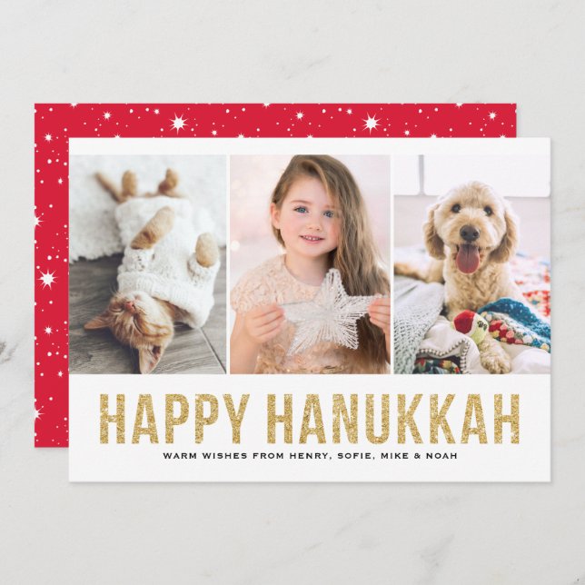 Faux Guld Glitter Photo Collage Lycklig Hanukkah Julkort (Fram/baksida)
