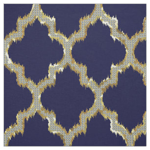 Faux Guld Glitter Quatrefoil ikat med blå rygg Tyg