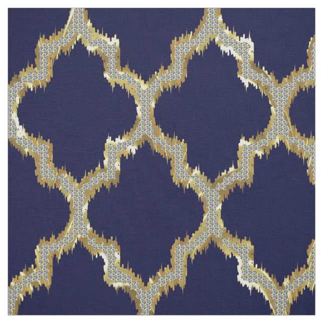Faux Guld Glitter Quatrefoil ikat med blå rygg Tyg (Provkarta)