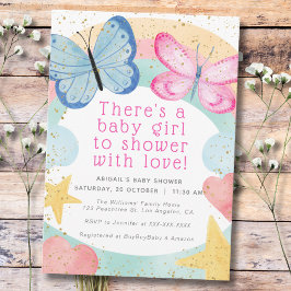 Faux Guld Glitter Rosa Butterfly Girl Baby Shower Inbjudningar