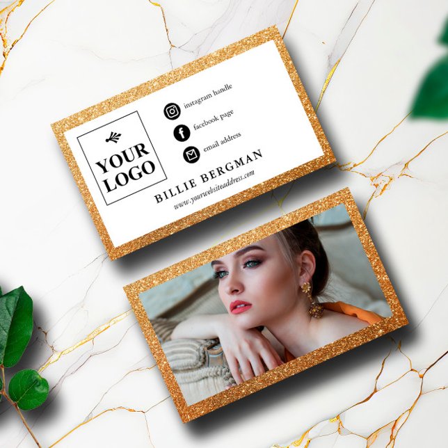Faux Guld Glitter Social Media Logotyp & Photo Visitkort (Skapare uppladdad)