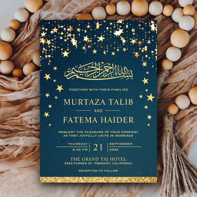 Faux Guld Glitter Stars Blue Muslim Bröllop Inbjudningar (Skapare uppladdad)