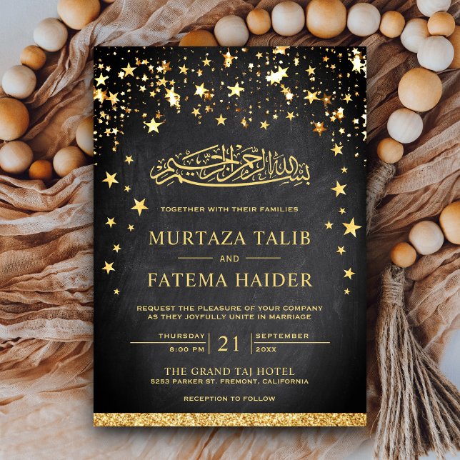 Faux Guld Glitter Stars Chalkboard Muslim Bröllop Inbjudningar (Skapare uppladdad)