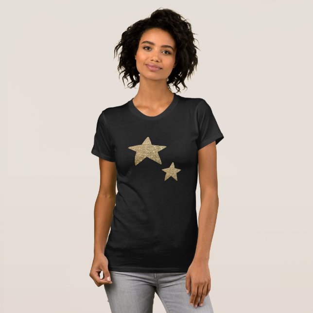 Faux Guld Glitter Stars | Svarta T-Shirt-kvinnor T-shirt (Hel framsida)
