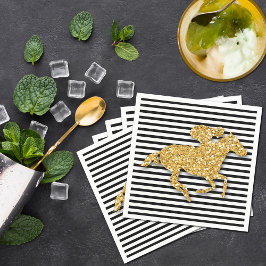 Faux Guld Glitter Tävling Horse Black & White Rand Pappersservett