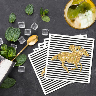 Faux Guld Glitter Tävling Horse Black & White Rand Pappersservett