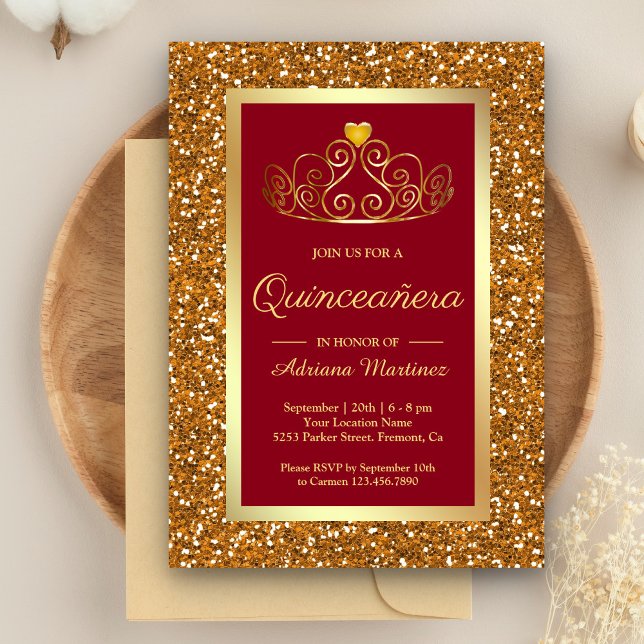 Faux Guld Glitter Tiara Princess Red Quinceanera Inbjudningar (Skapare uppladdad)