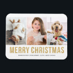 Faux Guld Glitter Tre Photo Collage-jul Magnet<br><div class="desc">God jul | Lägg till lite gnistra i julhelgen med anpassadets fotojulmagnet, med öga som fångar guld glitter brev! Den här fantastiska magneten är ett trevligt sätt att visa din favoritbild på helgdag när du skickar varm önskemål till vänner och familj. Eleganten guld glitter brev skapar en shimrande effekt som...</div>