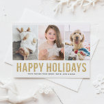 Faux Guld Glitter Tre Photo Collage Modern Helg Vykort<br><div class="desc">Glad helg | Sprid helgdag cheer med ett litet vykort med flera helgdag i gnistra. Det här moderna vykortet i helgdag har faux guld glitter moderna typografi med tre fotokollage. Anpassa genom att lägga till information. Det här helgdag för fotokollage i anpassningsbarna finns i andra kartonger.</div>