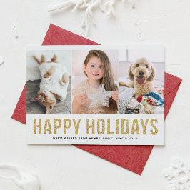Faux Guld Glitter Tre Photo Collage Modern Julkort