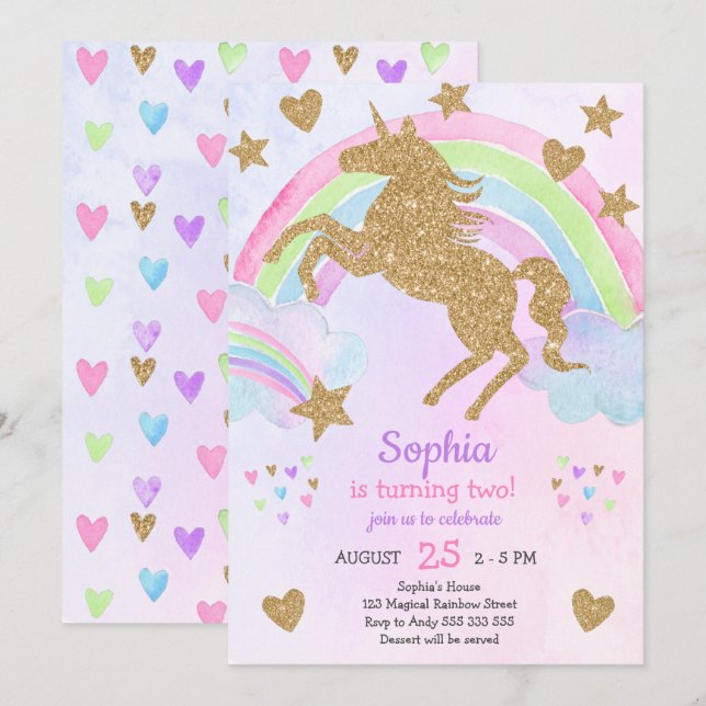Faux Guld Glitter Unicorn Girl Birthday Inbjudningar (Fram/baksida)