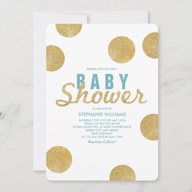 Faux Guld Glitter White Mint Baby Shower Inbjudan (Framsida)