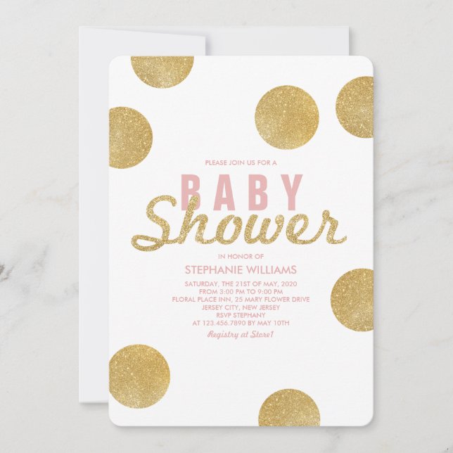 Faux Guld Glitter White Rosa Baby Shower Inbjudan (Framsida)