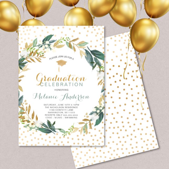 Faux Guld Greenery Wandey + konetti Studenten Inbjudningar (Skapare uppladdad)