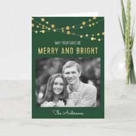 Faux Guld Grönt Merry & Bright Ljus Photo Helgkort