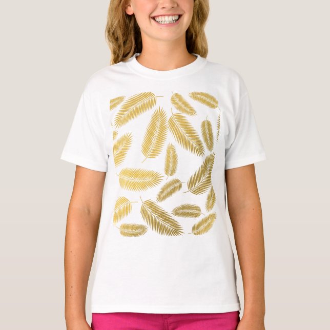Faux Guld Handflatan Löv Mönster T Shirt (Framsida)
