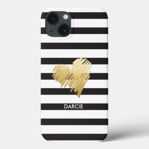 Faux Guld Heart Black White Stripe Personlig
