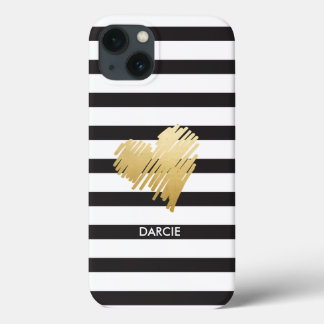 Faux Guld Heart Black White Stripe Personlig