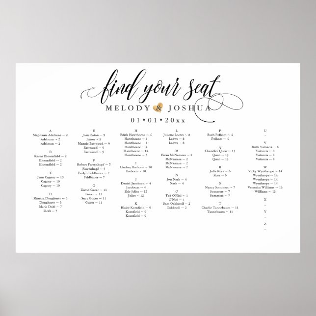 FAUX GULD HEART-STARTCHART, ALFABETISKT POSTER (Framsidan)