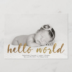 Faux Guld Hej World Photo Birth Notice Meddelande