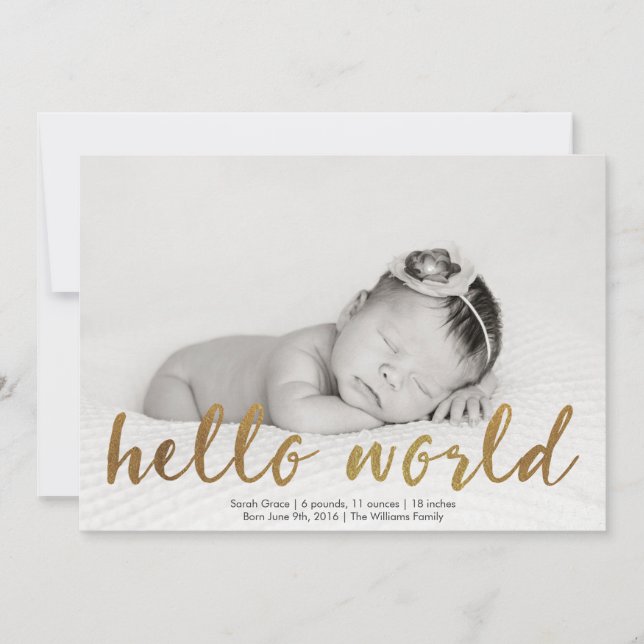 Faux Guld Hej World Photo Birth Notice Meddelande (Framsida)