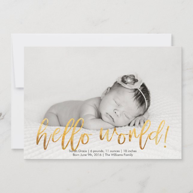 Faux Guld Hej World Photo Birth Notice Meddelande (Framsida)