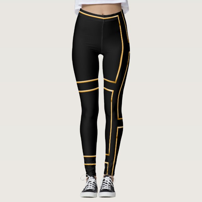 Faux Guld Illustrated Rectangular Snyggt Black Leggings (Framsida)