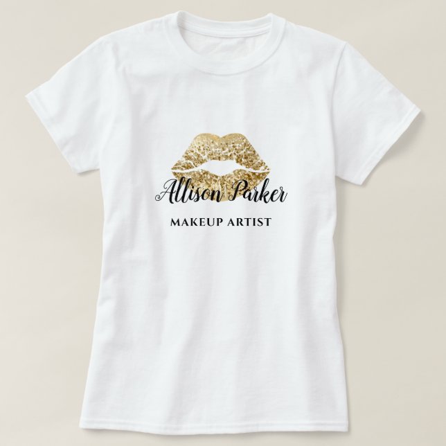 Faux Guld Makeup Artist Logotyp Kiss Namn T Shirt (Design framsida)