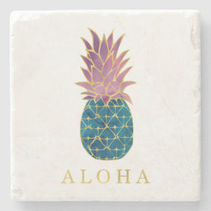Faux Guld med blå och Lila ananas Aloha Stenunderlägg