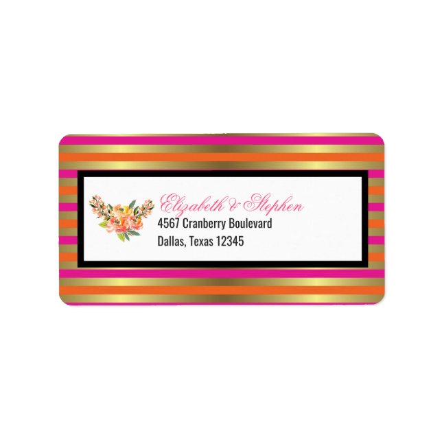 Faux Guld Metallic Rand med Blommigt Bröllop Adressetikett (Framsidan)