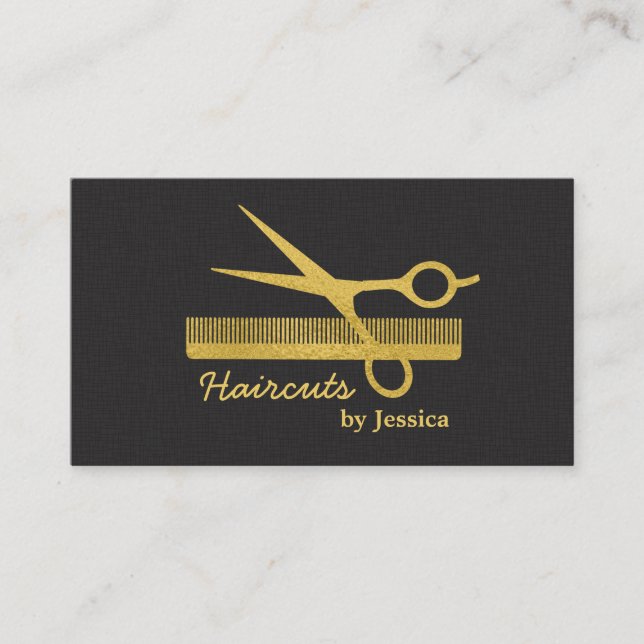 Faux Guld Modern Chic Scissors Comb Hair Stylist Visitkort (Framsida)