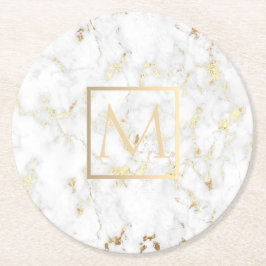 Faux guld monogram på vit marmor underlägg papper rund