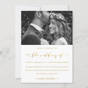 Faux Guld och White Bröllop Calligraphy and Photo Inbjudningar