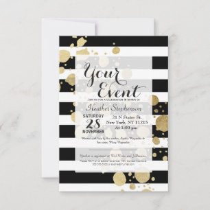 Faux Guld Paint Splatter på Black & White Rand Inbjudningar