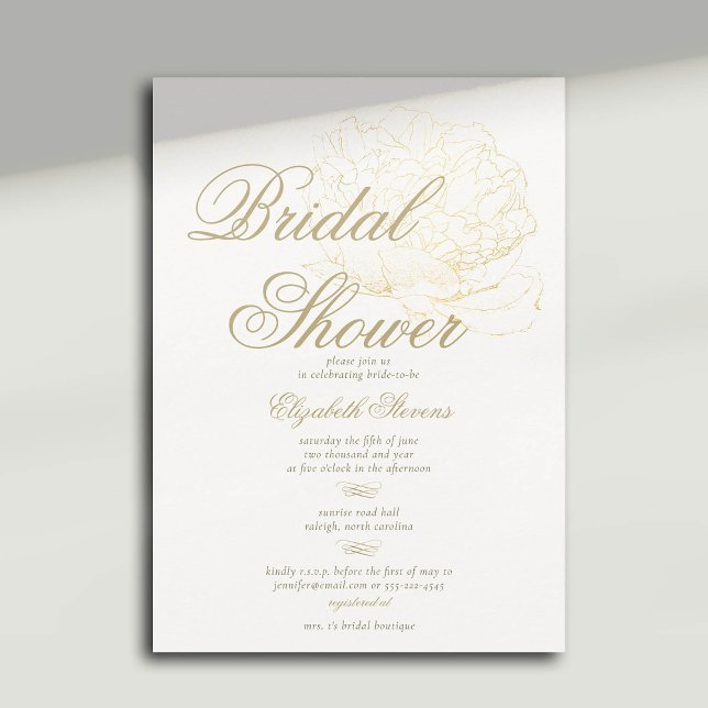 Faux Guld Peony Calligraphy Elegant Möhippa Inbjudningar (peony bridal shower invitation formal traditional calligraphy modern classic gold)