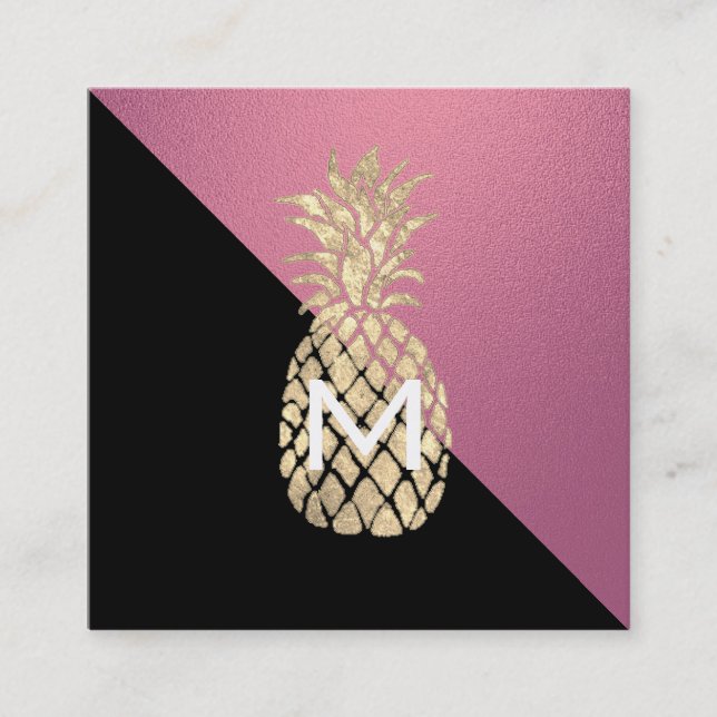 faux guld pineapple monogram på shock rosa fyrkantigt visitkort (Framsida)