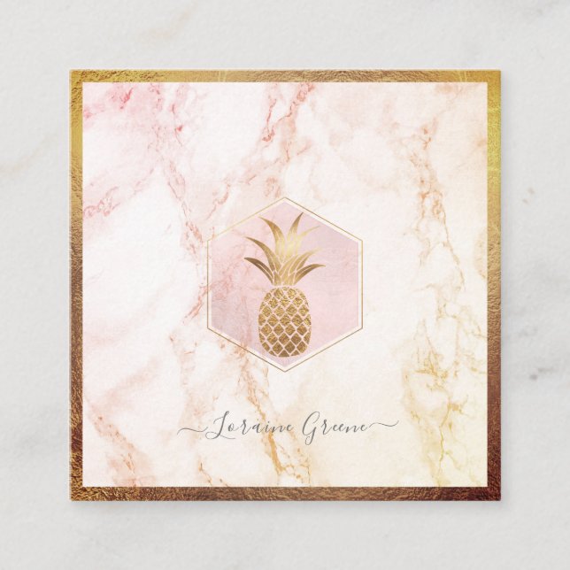FAUX GULD PINEAPPLE+ ROSA MARBLE FYRKANTIGT VISITKORT (Framsida)