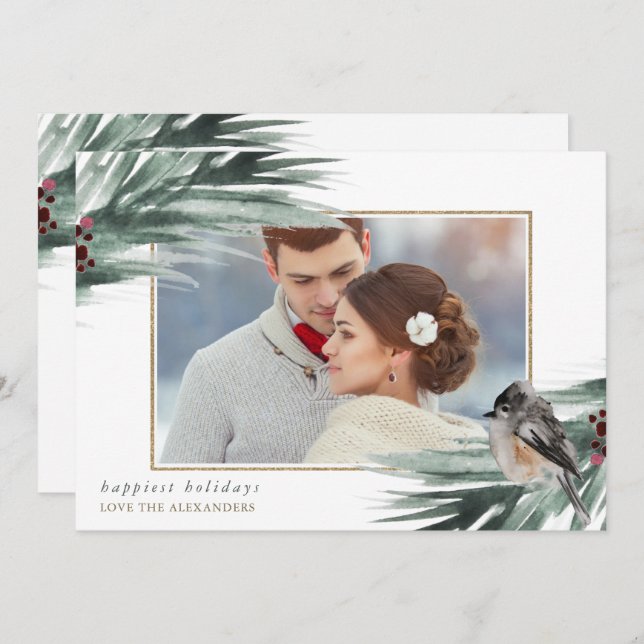 Faux Guld Ram Glad helg Winter Greenery Julkort (Fram/baksida)