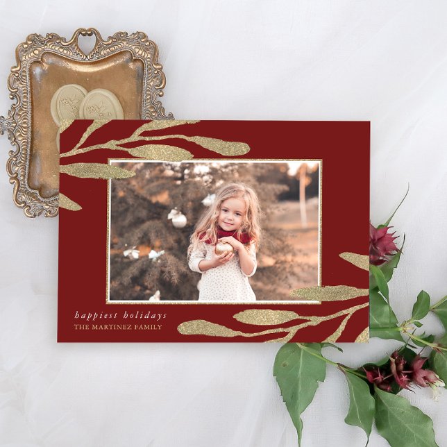 Faux Guld Ram med botaniskt Löv Photo Julkort (Skapare uppladdad)