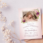Faux Guld Ramar  Blommigt Naming Ceremony Inbjudningar<br><div class="desc">Namngivningsceremonin för blommigt tryckt med ett foto av ditt barn i ett geometriskt ram som tryckts med en faux guld-effekt och som dekorerats med  rosa och djupplommon mot en bakgrund som tryckts med ett rostigt dammat utseende utmed kant.</div>