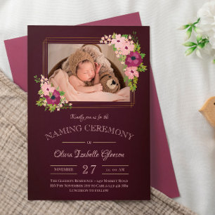 Faux Guld Ramar Burgundy Naming Ceremony Inbjudningar