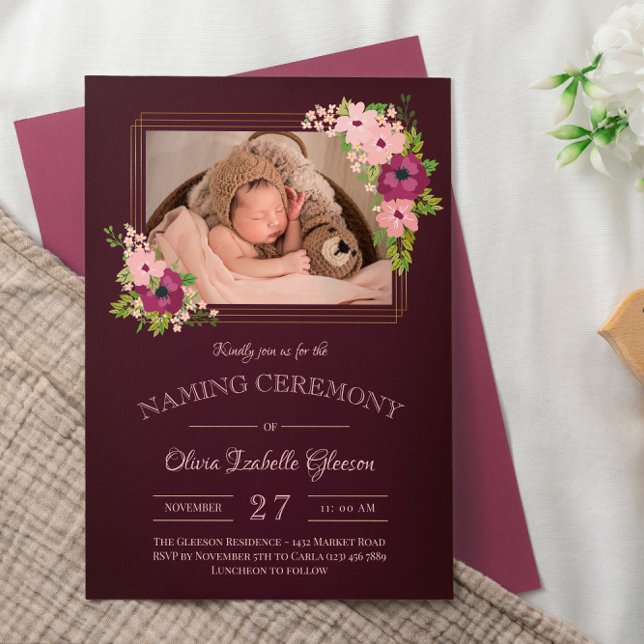 Faux Guld Ramar  Burgundy Naming Ceremony Inbjudningar (Skapare uppladdad)