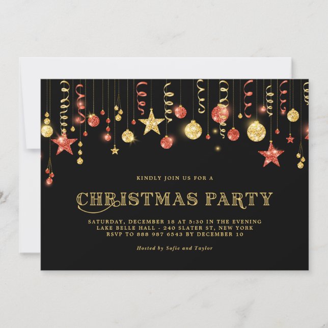 Faux Guld & Red Glitter Ornaments jul Party Inbjudningar (Framsida)