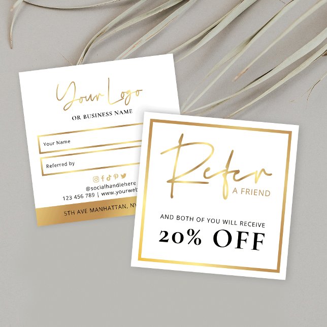 Faux Guld refererar till en Logotyp för Friend Rab Rabattkort (Elegant Business Referral Cards with faux gold effects and space for your logo)