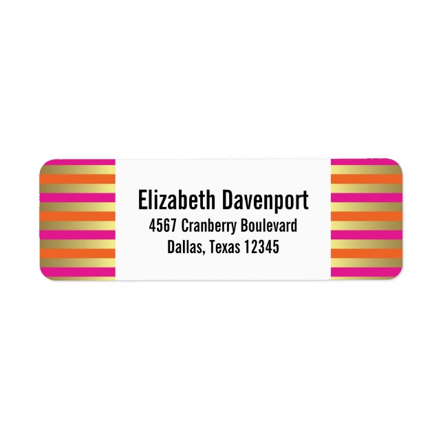 Faux Guld, Rosa och Orange, stripe Mönster Returadress Etikett (Framsidan)