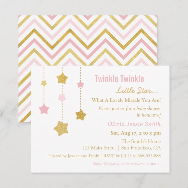Faux Guld Rosa Twinkle Little Star Baby Shower Inbjudningar (Fram/baksida)