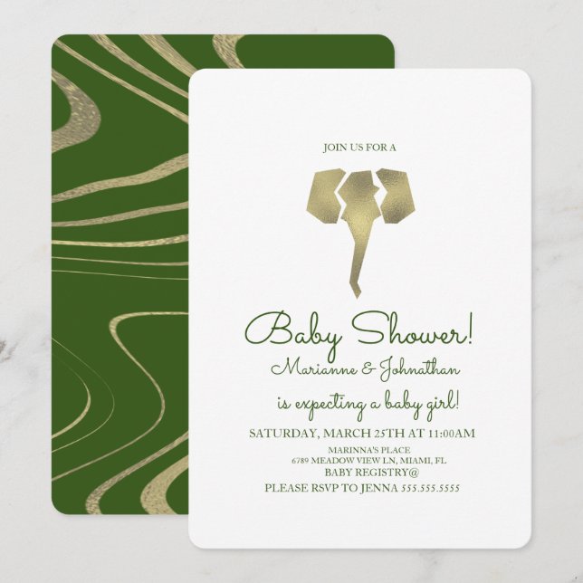 Faux guld safari elefant baby shower inbjudningar (Fram/baksida)