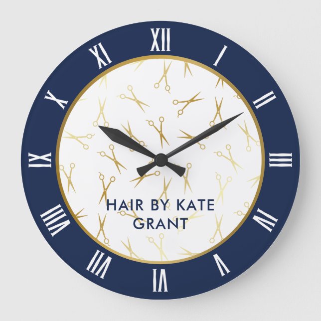 Faux Guld-saxen Navy Blue Hair Salon Stor Klocka (Framsida)