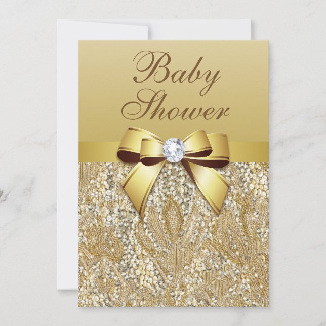 Faux Guld Sequins and Bow Baby Shower Inbjudningar (Framsida)