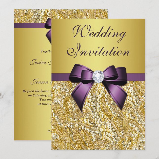 Faux Guld Sequins Diamonds Lila Bow Bröllop Inbjudningar (Fram/baksida)